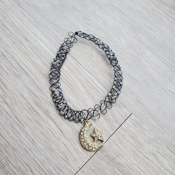 Henna Tattoo choker necklace with gold rhinestone moon and star - Picture 5 of 5